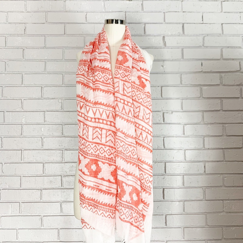 Do Everything In Love Aztec Print Scarf Orange White Boho Fringe NWT